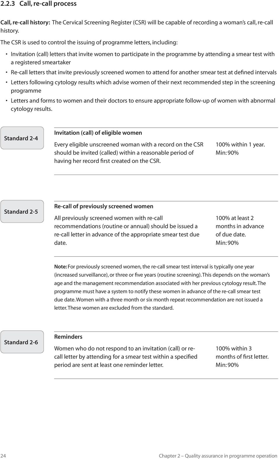 smeartaker Re-call letters that invite previously screened women to attend for another smear test at defined intervals Letters following cytology results which advise women of their next recommended