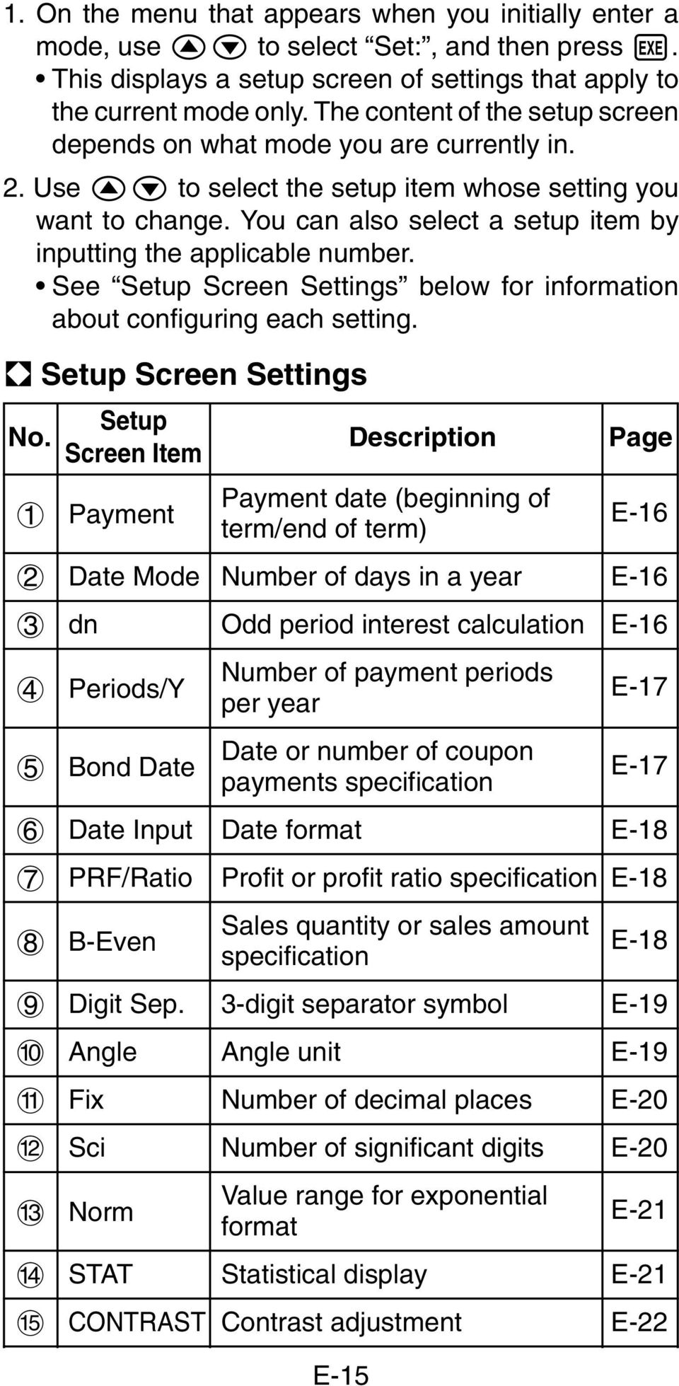You can also select a setup item by inputting the applicable number. See Setup Screen Settings below for information about configuring each setting. A Setup Screen Settings No.