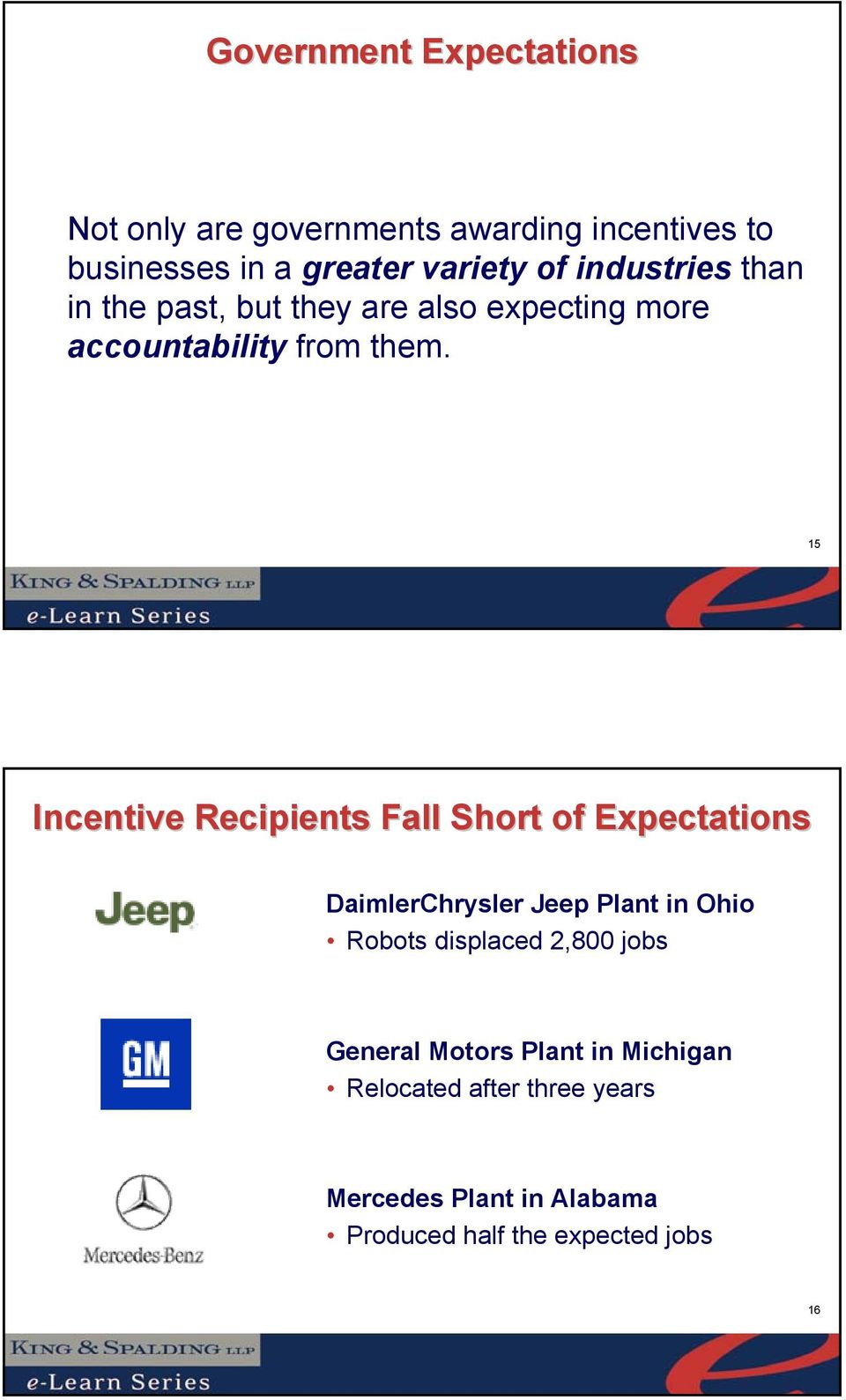 15 Incentive Recipients Fall Short of Expectations DaimlerChrysler Jeep Plant in Ohio Robots displaced