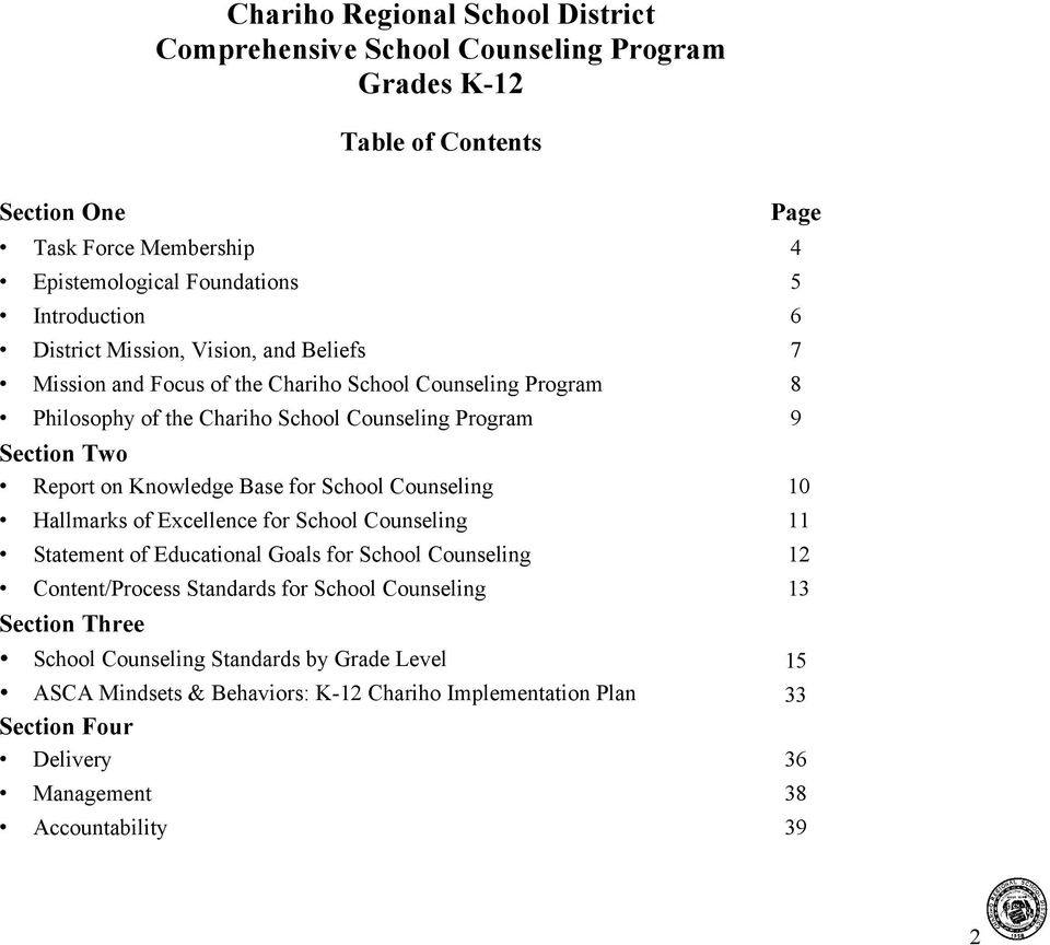Knowledge Base for School Counseling 10 Hallmarks of Excellence for School Counseling 11 Statement of Educational Goals for School Counseling 12 Content/Process Standards for School