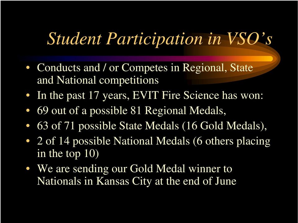 Medals, 63 of 71 possible State Medals (16 Gold Medals), 2 of 14 possible National Medals (6