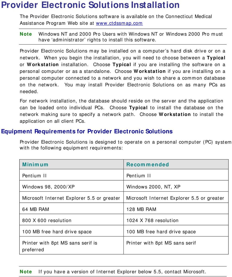 Provider Electronic Solutions may be installed on a computer s hard disk drive or on a network. When you begin the installation, you will need to choose between a Typical or Workstation installation.