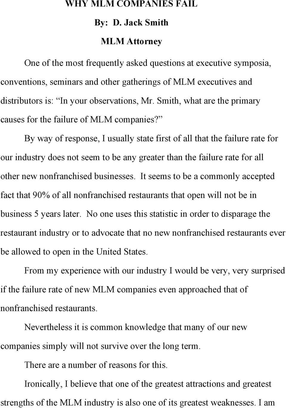 Smith, what are the primary causes for the failure of MLM companies?