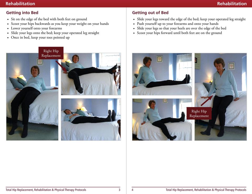 Getting out of Bed Slide your legs toward the edge of the bed; keep your operated leg straight Push yourself up to your forearms and