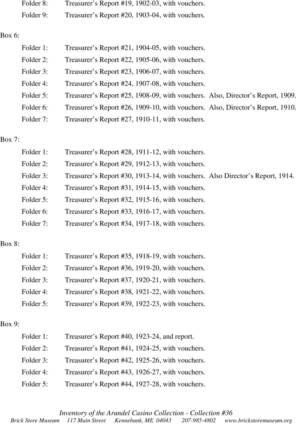 Treasurer s Report #25, 1908-09, with vouchers. Also, Director s Report, 1909. Folder 6: Treasurer s Report #26, 1909-10, with vouchers. Also, Director s Report, 1910.