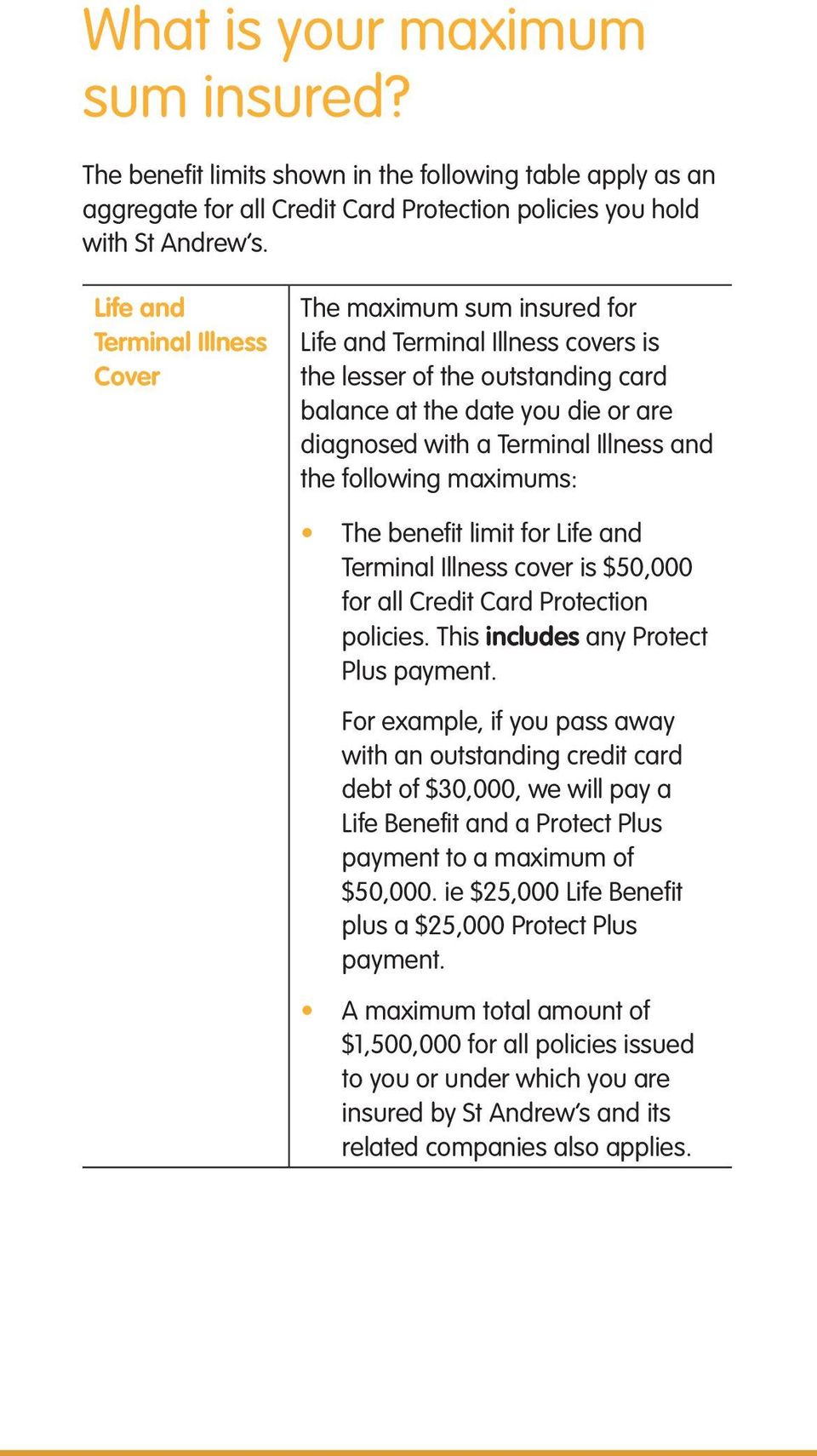and the following maximums: The benefit limit for Life and Terminal Illness cover is $50,000 for all Credit Card Protection policies. This includes any Protect Plus payment.