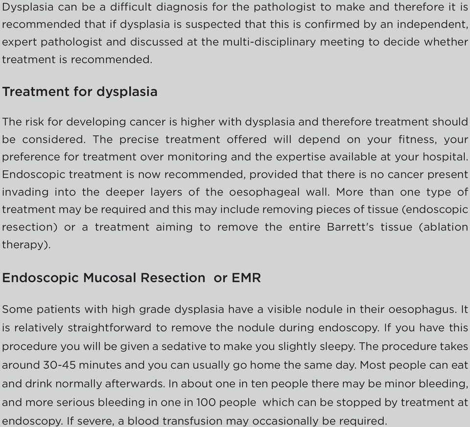 Treatment for dysplasia The risk for developing cancer is higher with dysplasia and therefore treatment should be considered.