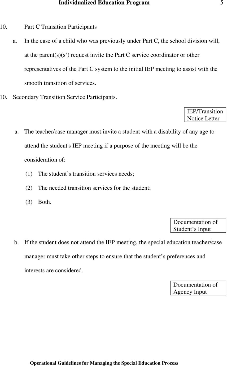 the initial IEP meeting to assist with the smooth transition of services. 10. Secondary Transition Service Participants. IEP/Transition Notice Letter a.