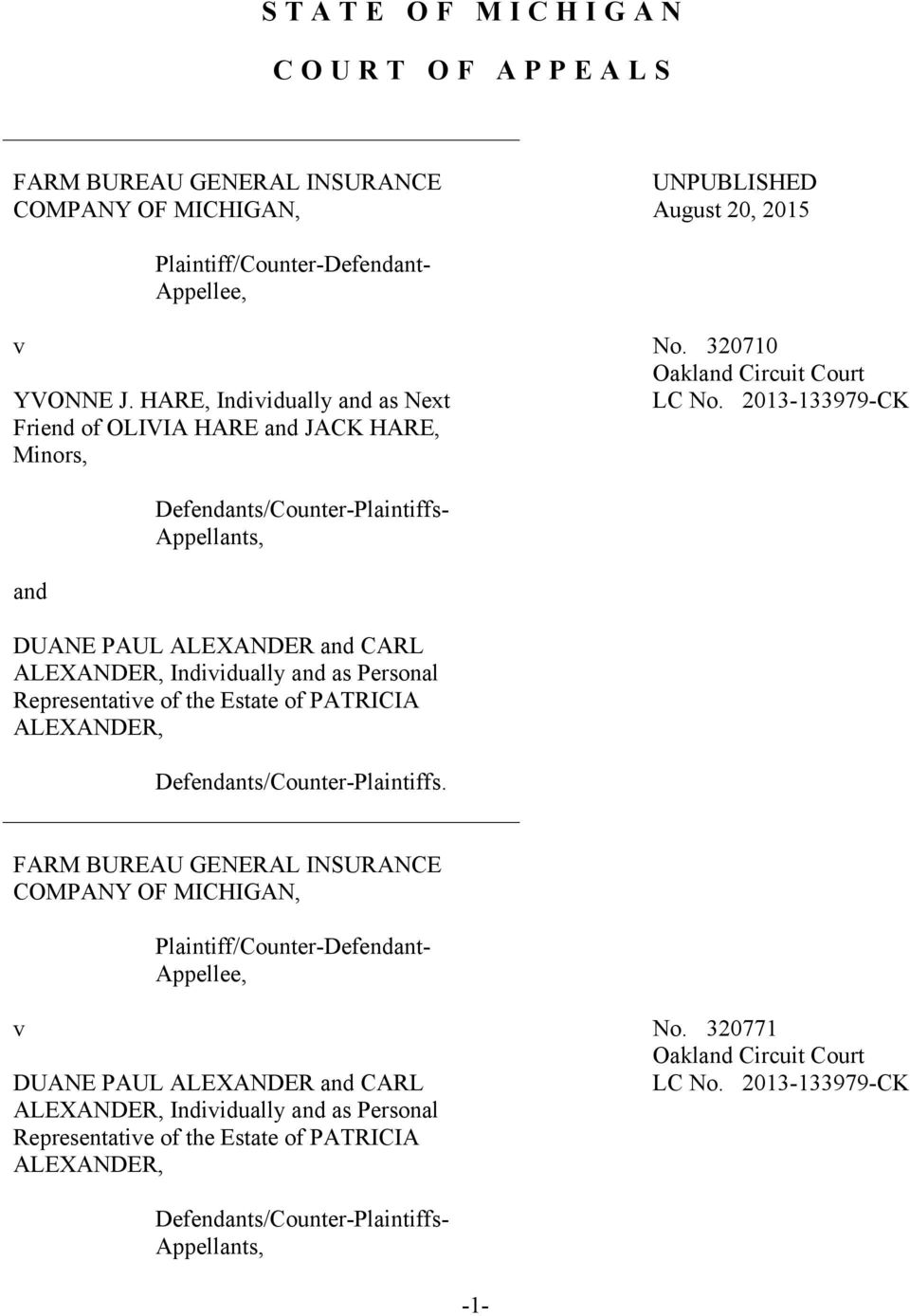 2013-133979-CK Friend of OLIVIA HARE and JACK HARE, Minors, and Defendants/Counter-Plaintiffs- Appellants, DUANE PAUL ALEXANDER and CARL ALEXANDER, Individually and as Personal Representative of the