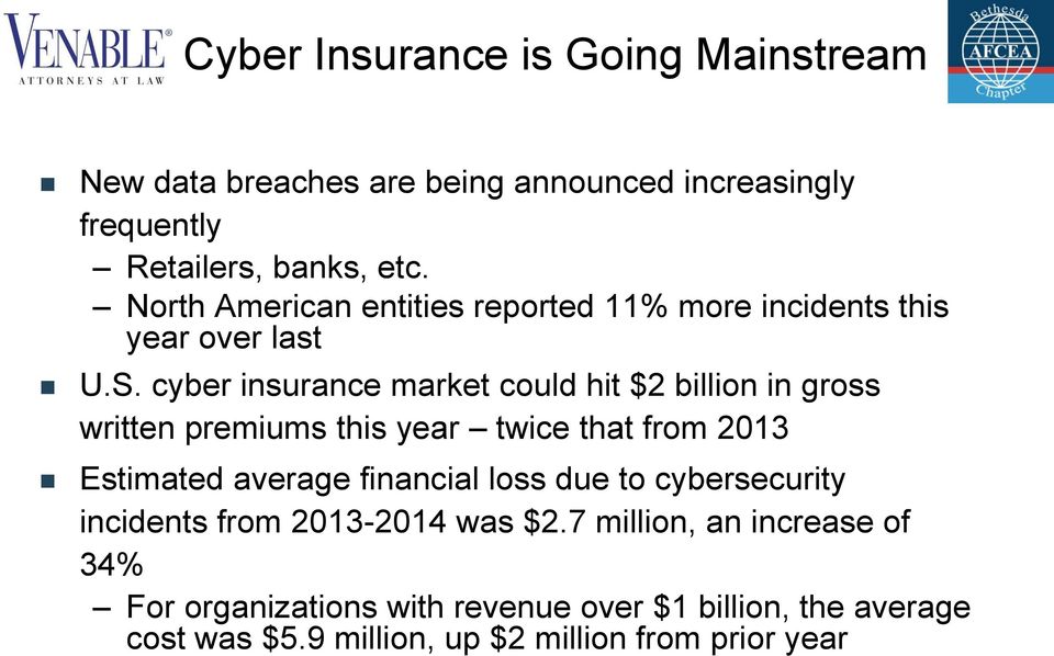 cyber insurance market could hit $2 billion in gross written premiums this year twice that from 2013 Estimated average financial