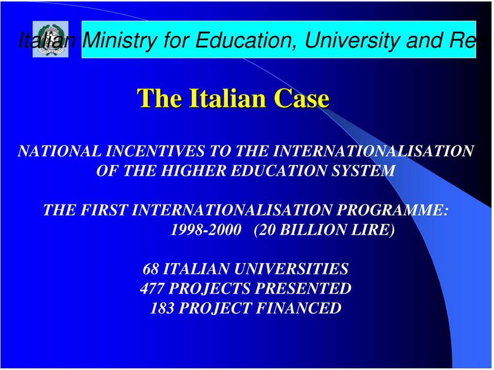 FIRST INTERNATIONALISATION PROGRAMME: 1998-2000 (20