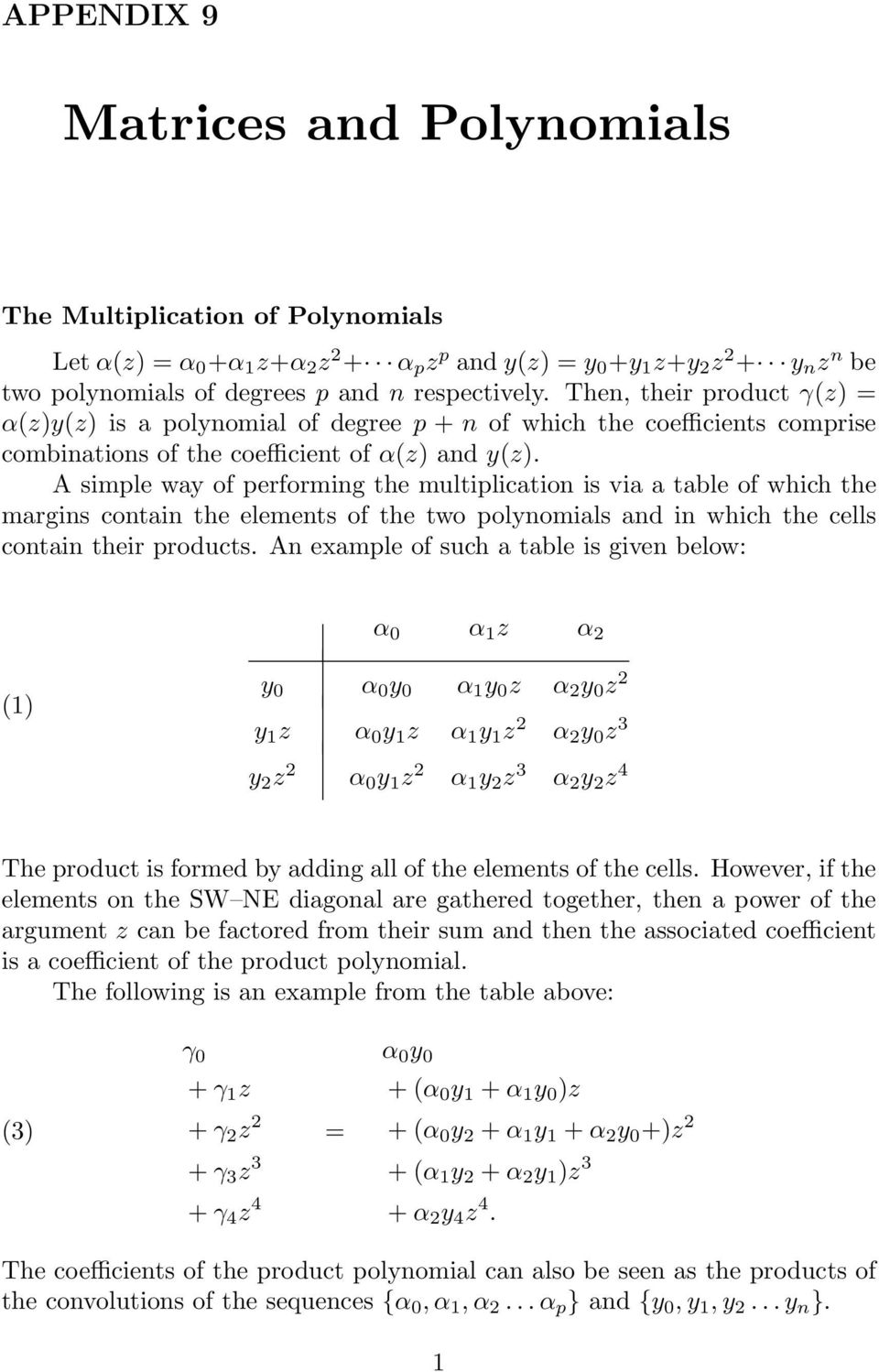 A simple way of performing the multiplication is via a table of which the margins contain the elements of the two polynomials and in which the cells contain their products.