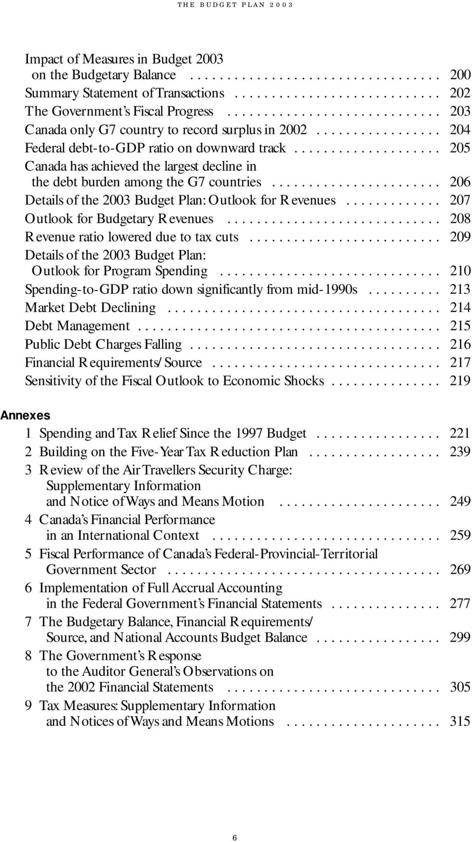 ................... 205 Canada has achieved the largest decline in the debt burden among the G7 countries....................... 206 Details of the 2003 Budget Plan: Outlook for Revenues.