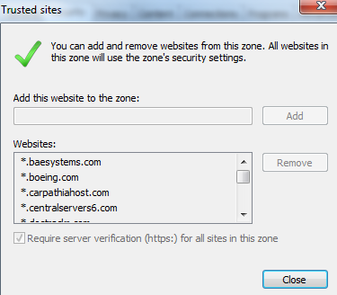 4. In the Add this web site to the zone edit box, enter https://*.exostar.com. Click the Add button. 5. When finished, click the OK or Close to return to the Internet Options Menu.