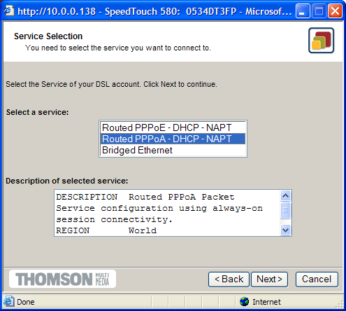 Step 3 - Run set-up wizard on SpeedTouch 580 to configure and establish ADSL connection When you have successfully completed the first two steps above, you