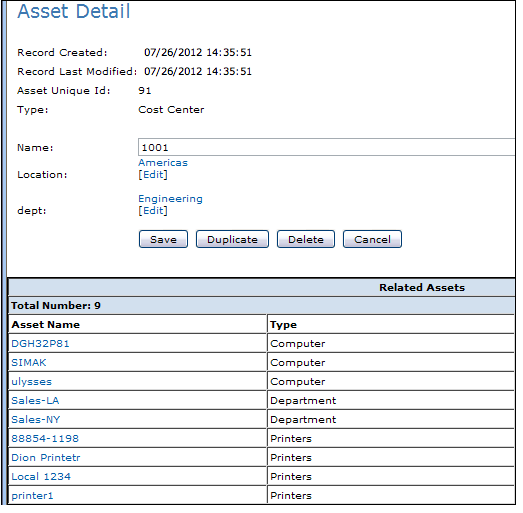 2 Managing Physical and Logical Assets The following example shows the Asset Detail page for a cost center.