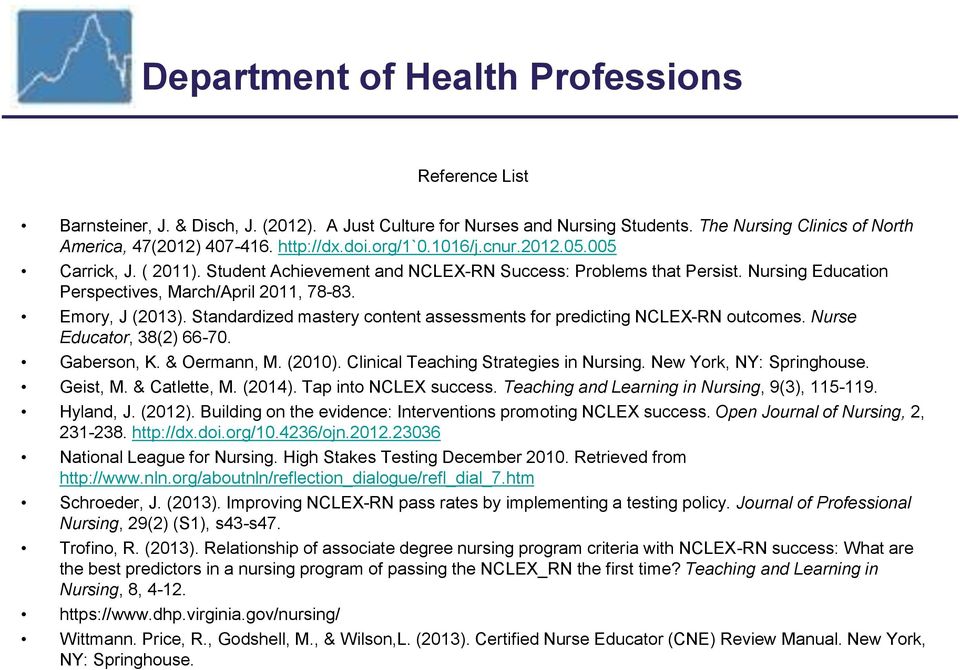 Standardized mastery content assessments for predicting NCLEX-RN outcomes. Nurse Educator, 38(2) 66-70. Gaberson, K. & Oermann, M. (2010). Clinical Teaching Strategies in Nursing.