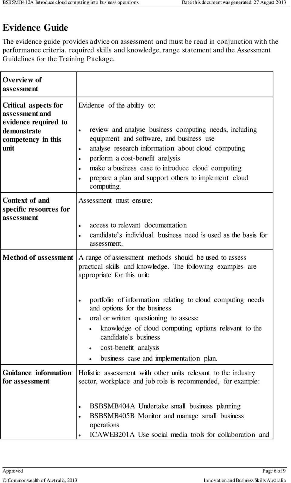 Overview of assessment Critical aspects for assessment and evidence required to demonstrate competency in this unit Context of and specific resources for assessment Evidence of the ability to: review