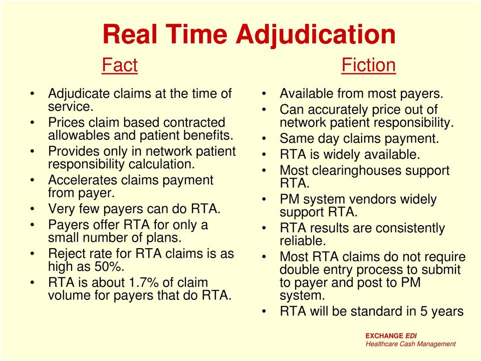 7% of claim volume for payers that do RTA. Fiction Available from most payers. Can accurately price out of network patient responsibility. Same day claims payment. RTA is widely available.