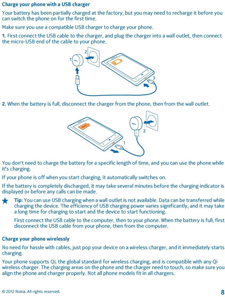 First connect the USB cable to the charger, and plug the charger into a wall outlet, then connect the micro-usb end of the cable to your phone. 2.