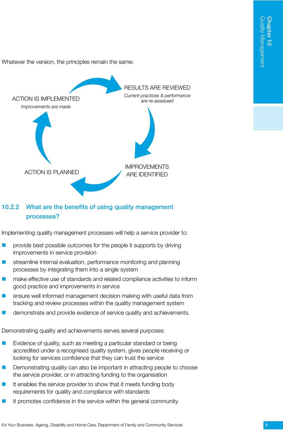 Implementing quality management processes will help a service provider to: provide best possible outcomes for the people it supports by driving improvements in service provision streamline internal