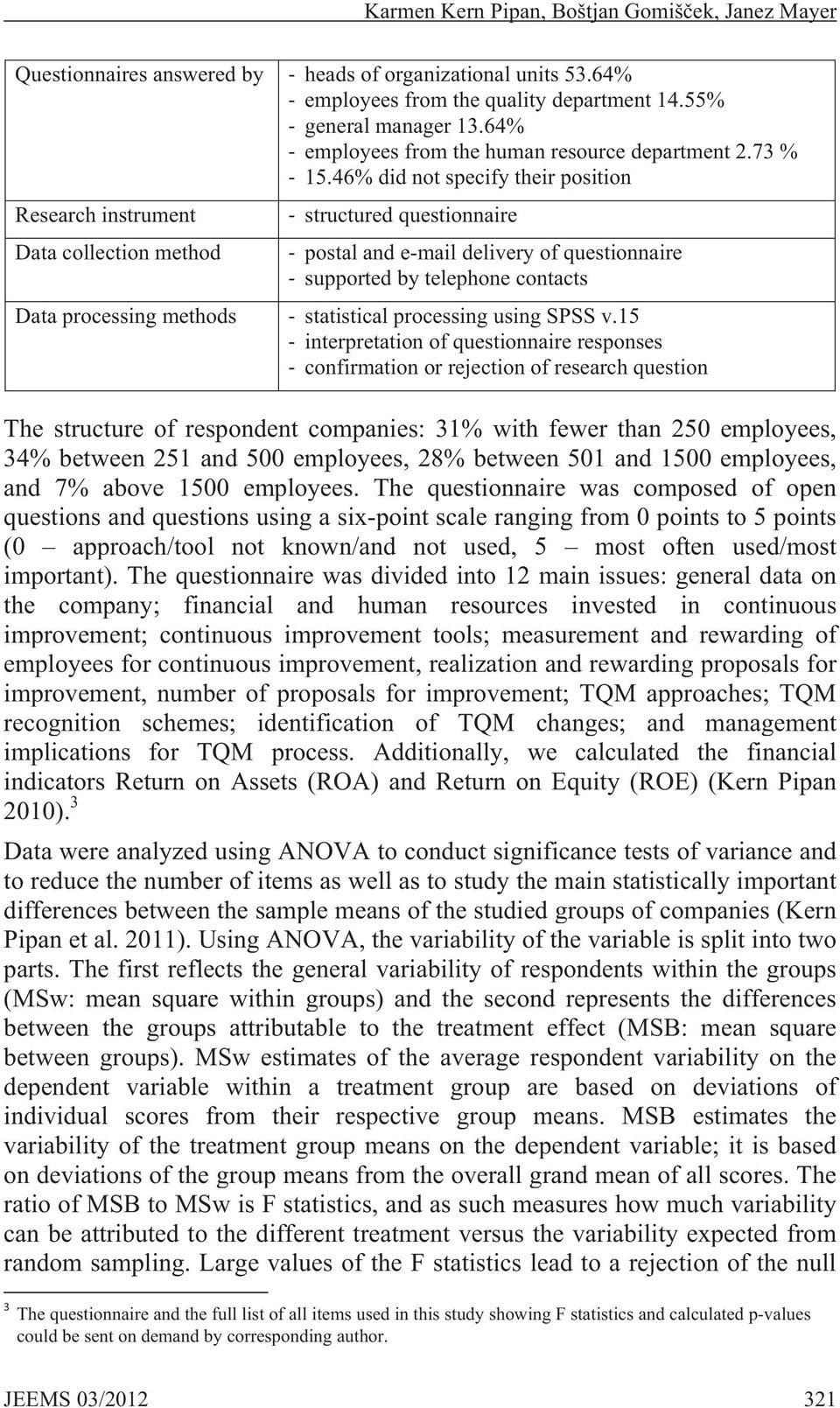 46% did not specify their position Research instrument Data collection method structured questionnaire postal and e-mail delivery of questionnaire supported by telephone contacts Data processing