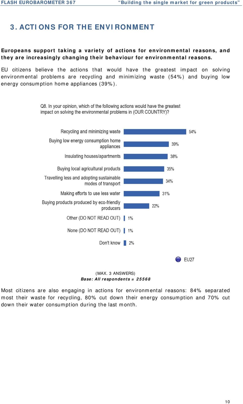 EU citizens believe the actions that would have the greatest impact on solving environmental problems are recycling and minimizing waste (54%) and buying low