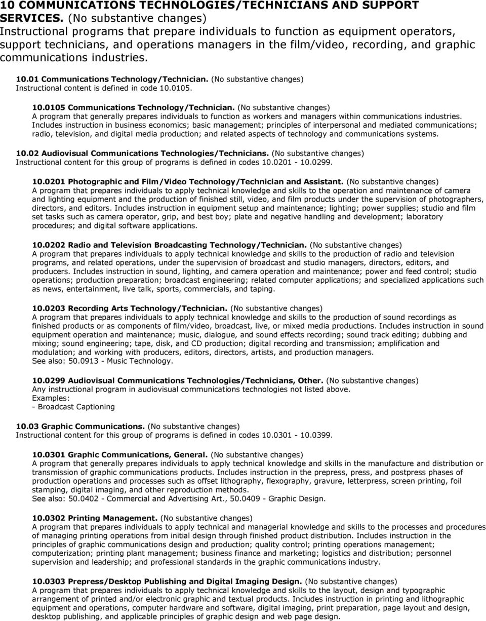 communications industries. 10.01 Communications Technology/Technician. (No substantive changes) Instructional content is defined in code 10.0105. 10.0105 Communications Technology/Technician.