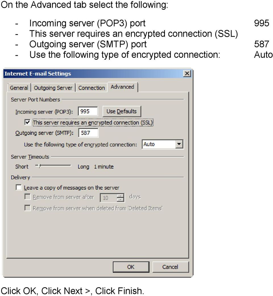 (SSL) - Outgoing server (SMTP) port 587 - Use the following