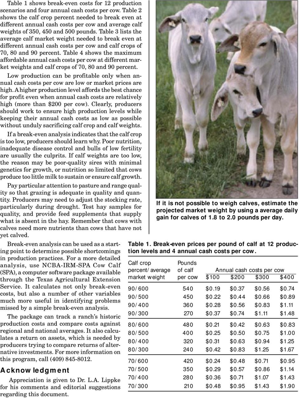 Table 3 lists the average calf market weight needed to break even at different annual cash costs per cow and calf crops of 70, 80 and 90 percent.