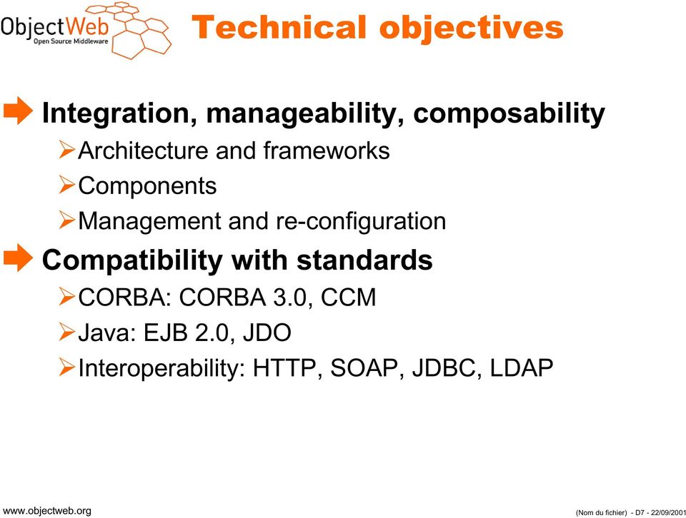 Compatibility with standards CORBA: CORBA 3.0, CCM Java: EJB 2.