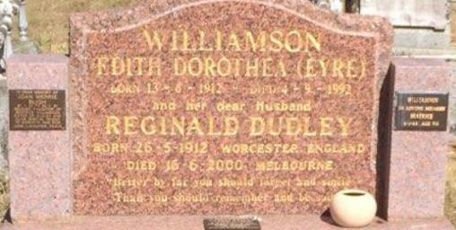 Possibly related: Son of Percy Reginald Williamson? - Reginald Dudley Williamson, born 26 th May, 1912 in Worcester, England, died 16 th June, 2000 in Melbourne.