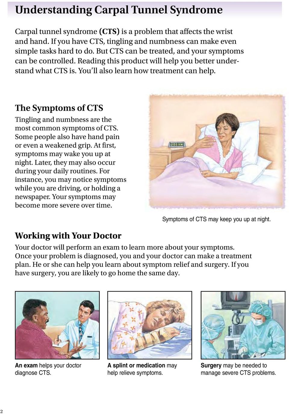 The Symptoms of CTS Tingling and numbness are the most common symptoms of CTS. Some people also have hand pain or even a weakened grip. At first, symptoms may wake you up at night.