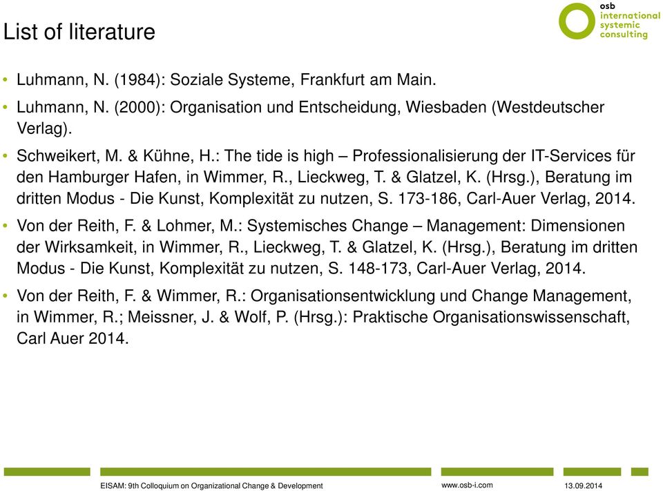 173-186, Carl-Auer Verlag, 2014. Von der Reith, F. & Lohmer, M.: Systemisches Change Management: Dimensionen der Wirksamkeit, in Wimmer, R., Lieckweg, T. & Glatzel, K. (Hrsg.