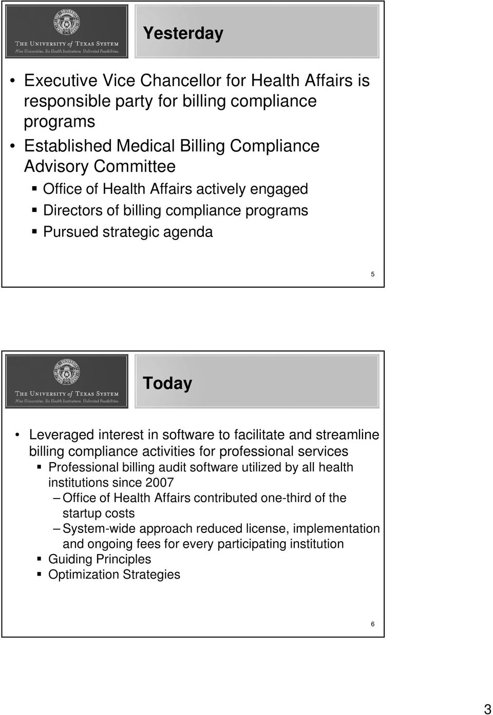 compliance activities for professional services Professional billing audit software utilized by all health institutions since 2007 Office of Health Affairs contributed