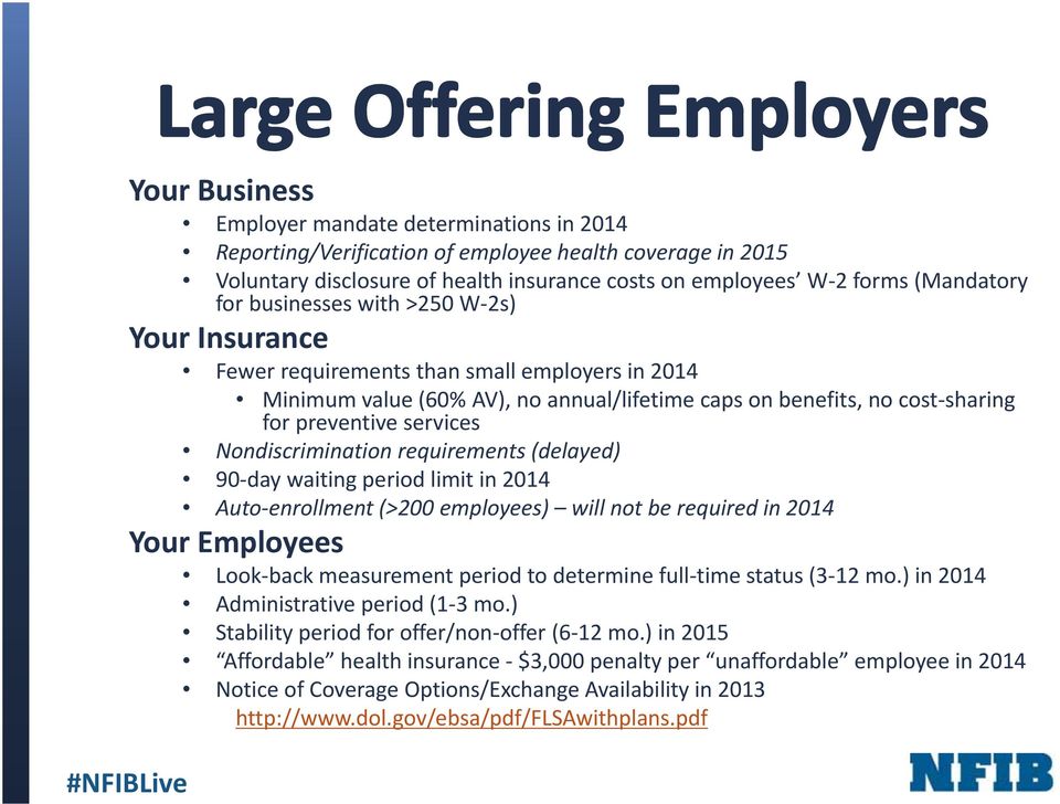 Nondiscrimination requirements (delayed) 90 day waiting period limit in 2014 Auto enrollment (>200 employees) will not be required in 2014 Your Employees Look back measurement period to determine