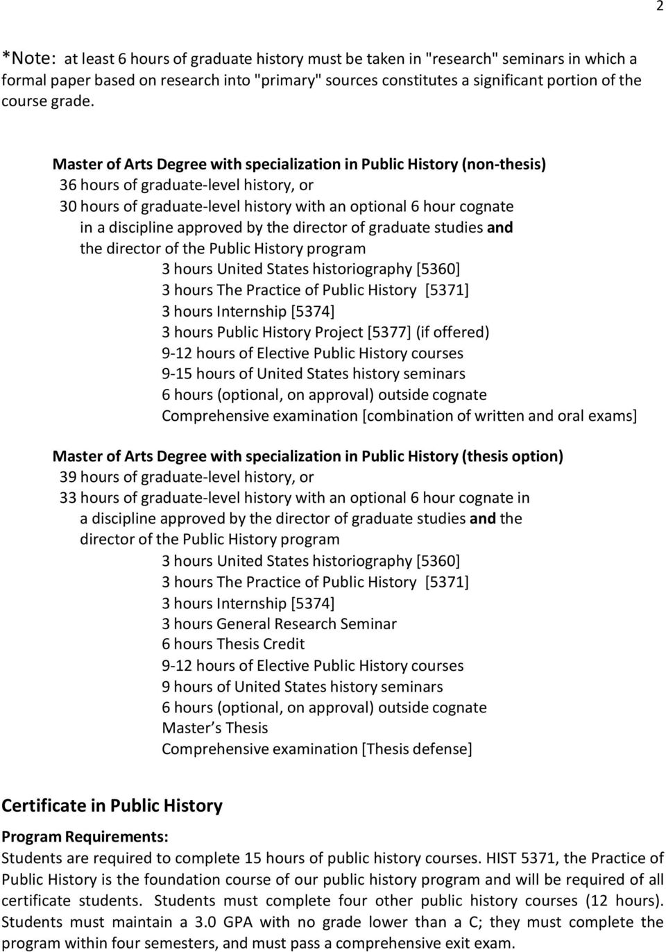 Master of Arts Degree with specialization in Public History (non-thesis) 36 hours of graduate-level history, or 30 hours of graduate-level history with an optional 6 hour cognate in a discipline