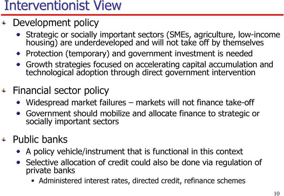 sector policy Widespread market failures markets will not finance take-off Government should mobilize and allocate finance to strategic or socially important sectors Public banks A policy