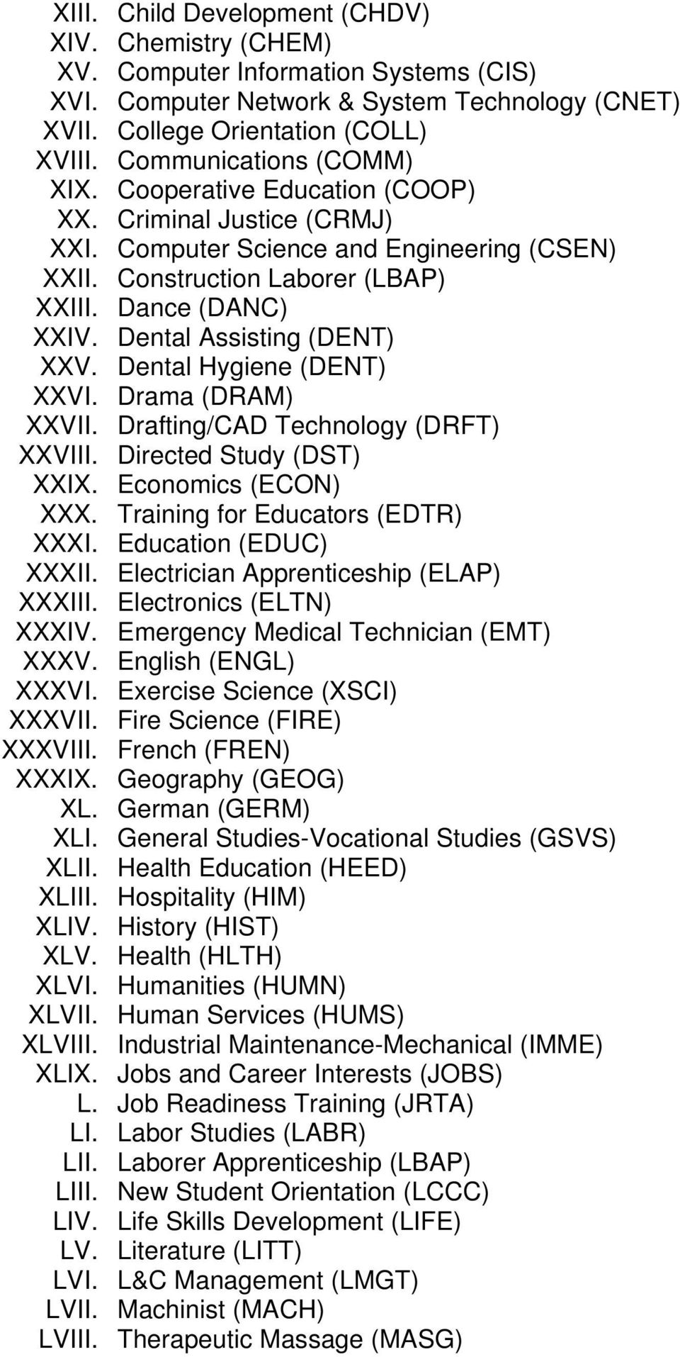 Dental Assisting (DENT) XXV. Dental Hygiene (DENT) XXVI. Drama (DRAM) XXVII. Drafting/CAD Technology (DRFT) XXVIII. Directed Study (DST) XXIX. Economics (ECON) XXX. Training for Educators (EDTR) XXXI.