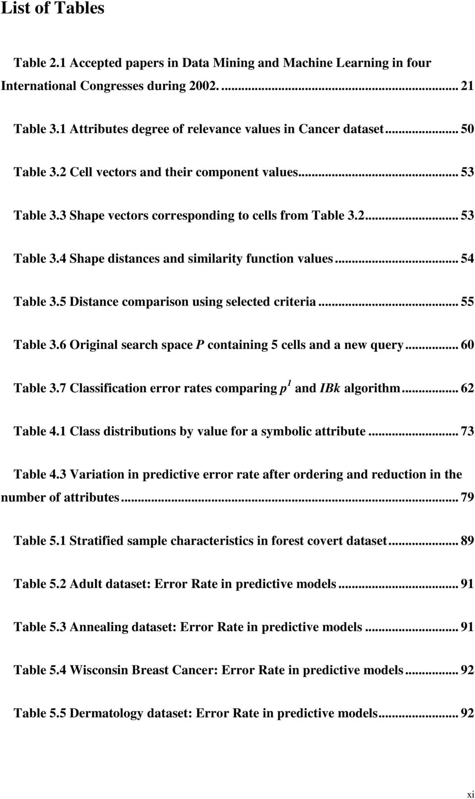 5 Distance comparison using selected criteria... 55 Table 3.6 Original search space P containing 5 cells and a new query... 60 Table 3.7 Classification error rates comparing p 1 and IBk algorithm.