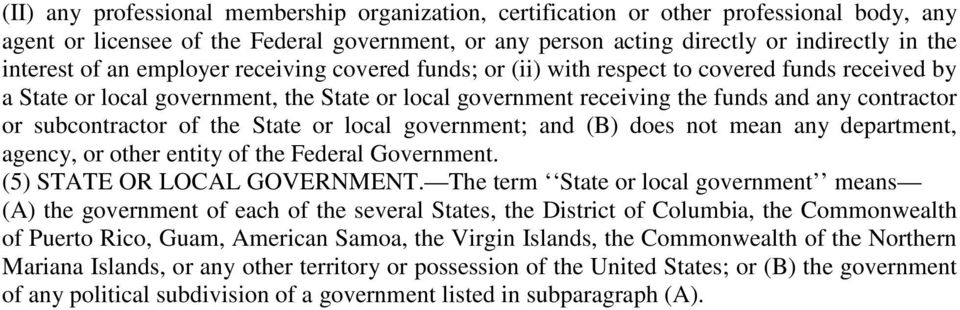 subcontractor of the State or local government; and (B) does not mean any department, agency, or other entity of the Federal Government. (5) STATE OR LOCAL GOVERNMENT.