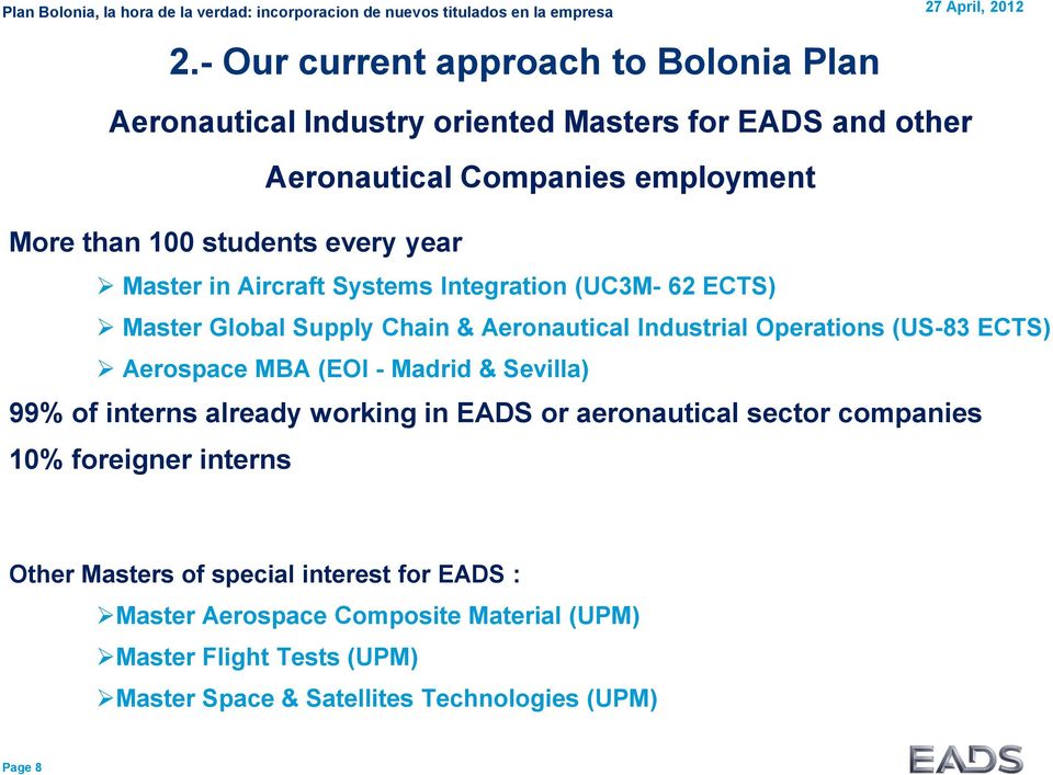 ECTS) Aerospace MBA (EOI - Madrid & Sevilla) 99% of interns already working in EADS or aeronautical sector companies 10% foreigner interns Other