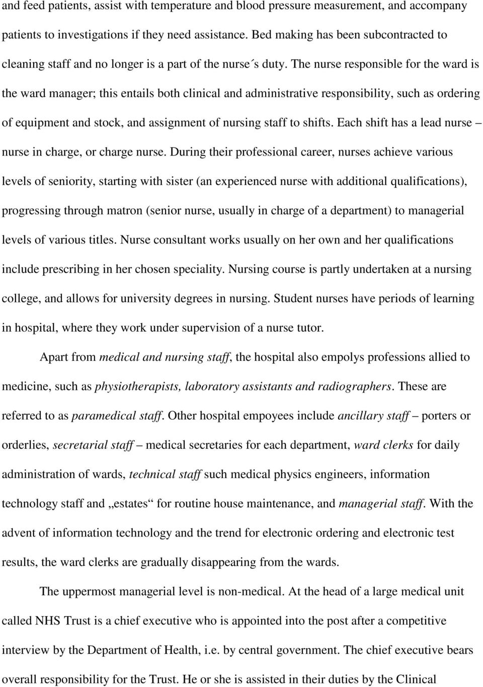 The nurse responsible for the ward is the ward manager; this entails both clinical and administrative responsibility, such as ordering of equipment and stock, and assignment of nursing staff to