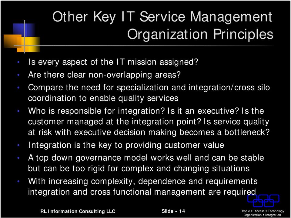 Is the customer managed at the integration point? Is service quality at risk with executive decision making becomes a bottleneck?