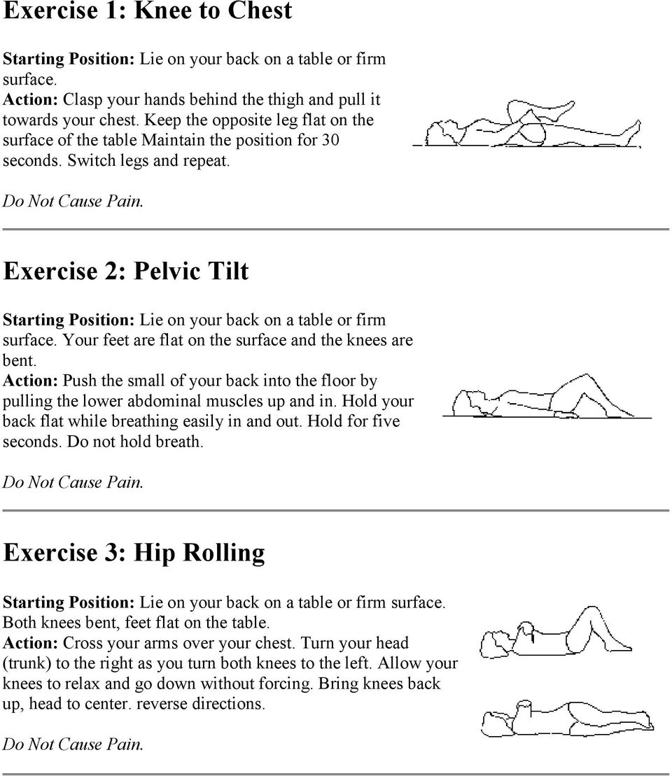 Exercise 2: Pelvic Tilt Starting Position: Lie on your back on a table or firm surface. Your feet are flat on the surface and the knees are bent.
