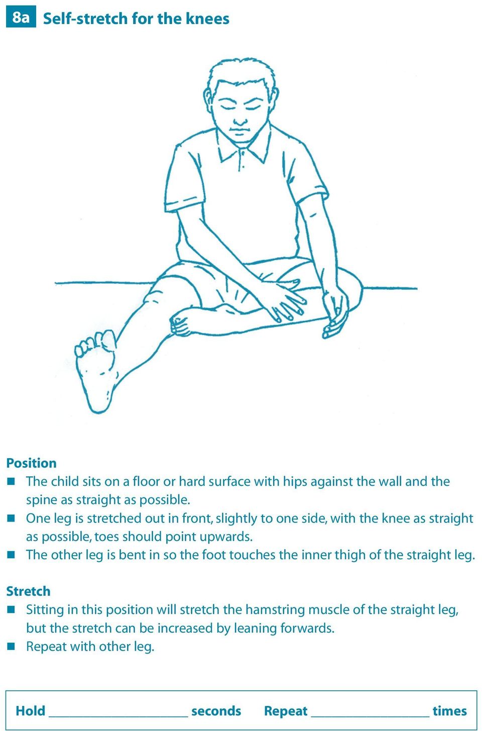 One leg is stretched out in front, slightly to one side, with the knee as straight as possible, toes should point upwards.