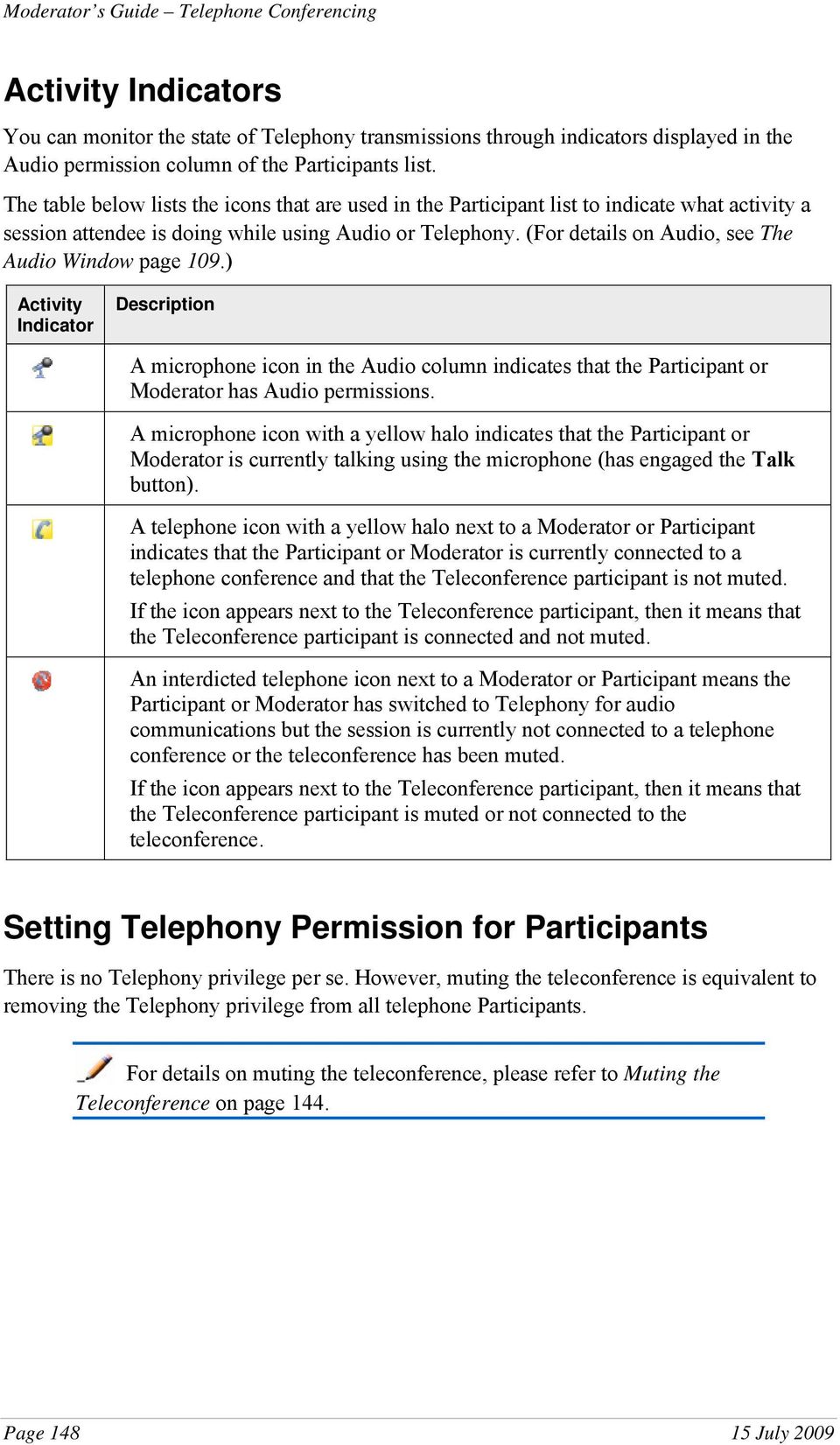 (For details on Audio, see The Audio Window page 109.) Activity Indicator Description A microphone icon in the Audio column indicates that the Participant or Moderator has Audio permissions.