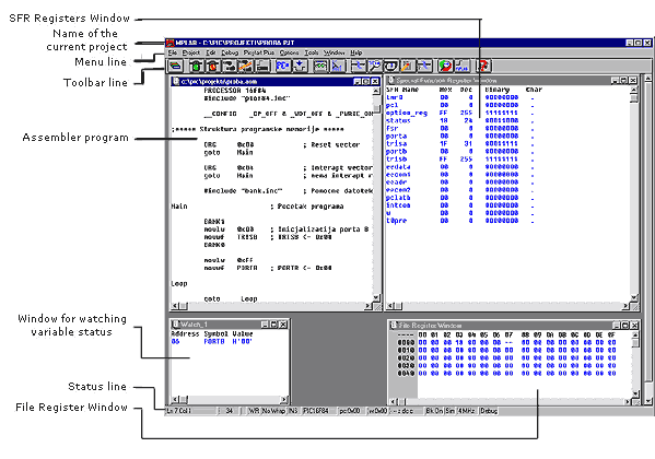 Chapter 5 - MPLAB Simulator with open windows for SFR registers, file registers and variables. The next command in a simulator is DEBUG>RUN>STEP which starts our steping through the program.