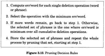 Pruning Decision rules The original covering rule set will be the most verbose set of words and phrases.