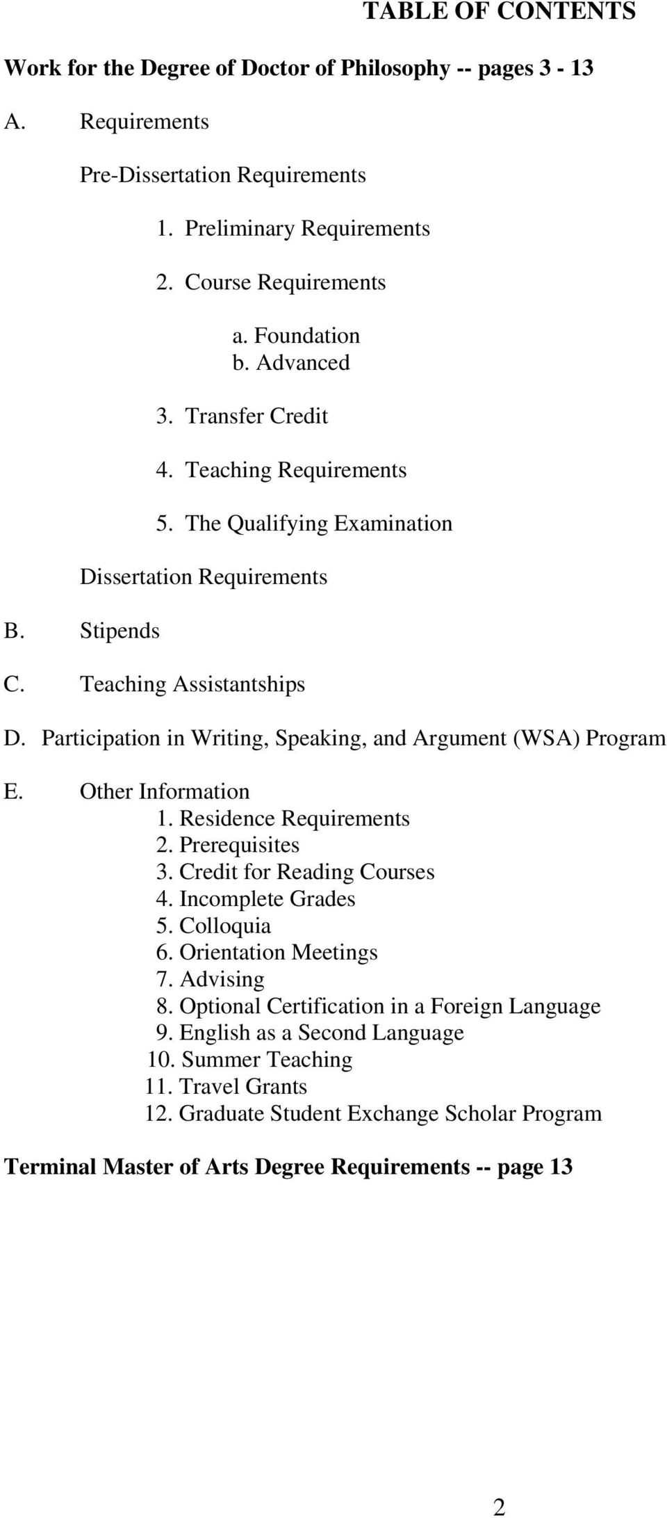 Participation in Writing, Speaking, and Argument (WSA) Program E. Other Information 1. Residence Requirements 2. Prerequisites 3. Credit for Reading Courses 4. Incomplete Grades 5. Colloquia 6.